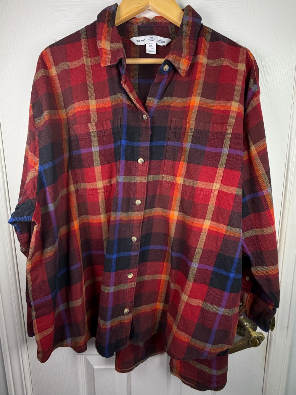 Old Navy Boyfriend Plaid Flannel XXL Red Blue Orange Oversized Cabincore Outdoor